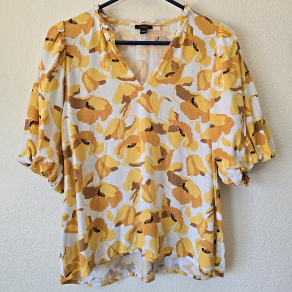 Ann Taylor Factory Tops - Ann Taylor Factory Yellow Poppy Floral Blouse Top Puff Sleeve Women Sz S Casual
